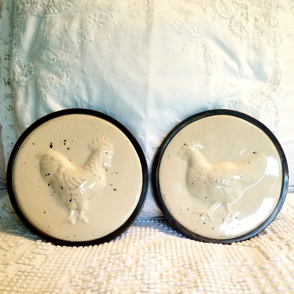 COPY - Pair Brass & Porcelain Rooster & Chicken